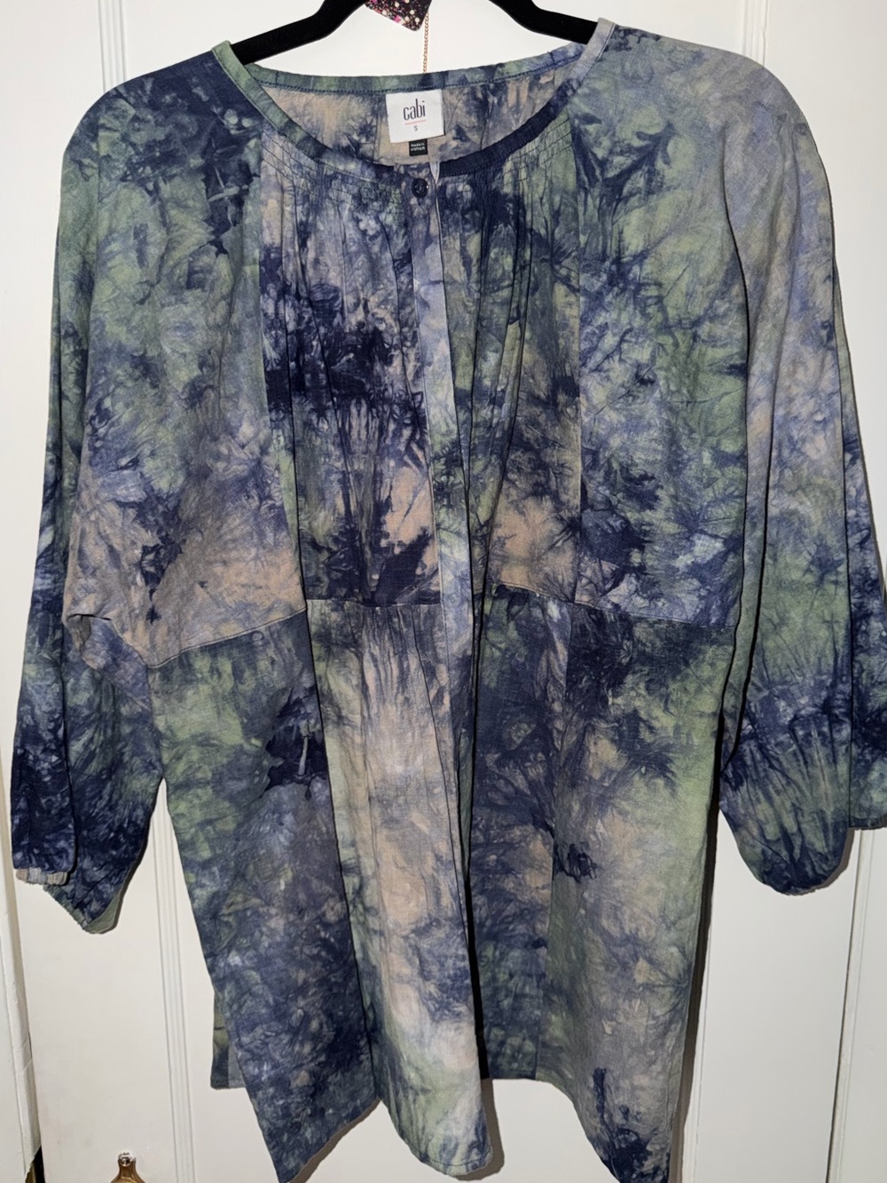 CAbi Tie-Dye Tunic in Navy, Green & Cream